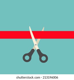 Scissors cutting red ribbon concept, vector illustration