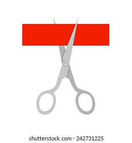 Scissors and Cutting Red Ribbon Concept in Flat Retro Style. Vector illustration