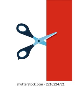 Scissors cutting red ribbon. Flat Vector illustration. 