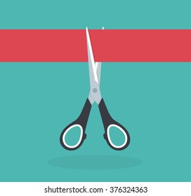 Scissors cutting the red ribbon. Flat design