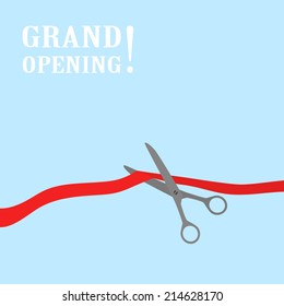 Scissors cutting red ribbon. Grand opening vector illustration. Business start celebration. Presentation ceremony.