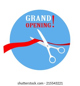 Scissors cutting red ribbon. Grand opening vector illustration. Business start celebration. Presentation ceremony.