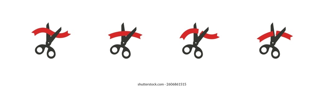 Scissors cutting red ribbon. Grand opening ceremony icons