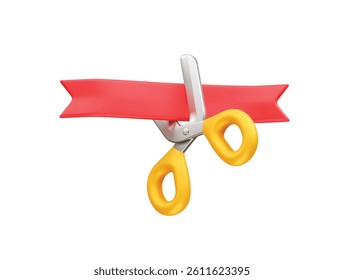 Scissors cutting a red ribbon icon 3d. Ribbon cutting icon 3d render