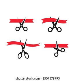 Scissors cutting red ribbon, inauguration event concept vector icon set. Grand opening simple glyph symbol set.
