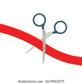 scissors cutting red ribbon isolated on white background