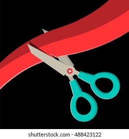 Scissors Cutting Red Ribbon on Black Background Vector