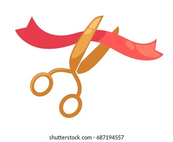 Tijeras cortando símbolo de cinta roja para abrir icono aislado vectorial