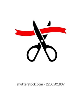Scissors cutting red ribbon. Tape and scissors.