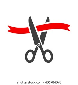 Scissors cutting red ribbon. Tape and scissors. 