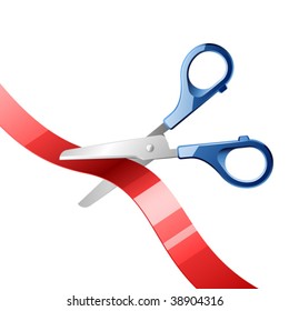 Scissors cutting red ribbon. Vector illustration.