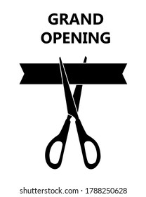 Scissors cutting the ribbon with announcement text Grand opening. Black icon isolated on white background. Vector illustration EPS10