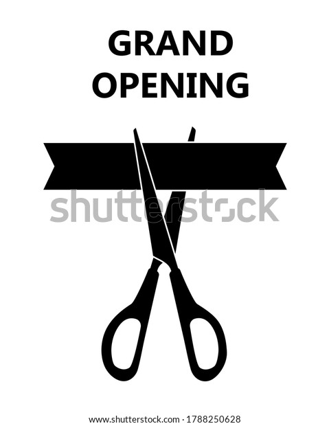 Scissors cutting the ribbon with announcement text\
Grand opening. Black icon isolated on white background. Vector\
illustration EPS10