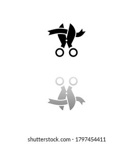 Scissors cutting ribbon. Black symbol on white background. Simple illustration. Flat Vector Icon. Mirror Reflection Shadow. Can be used in logo, web, mobile and UI UX project