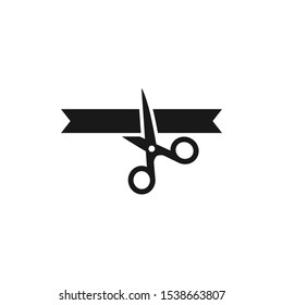 Scissors cutting ribbon black vector icon. Grand opening, inauguration simple glyph symbol.