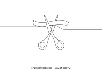 Scissors Cutting a Ribbon, Continuous one line drawing of cutting ribbon for grand opening, Ribbon cutting ceremony for opening event or company concept.