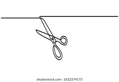 Scissors Cutting a Ribbon, Continuous one line drawing of cutting ribbon for grand opening, ribbon cutting ceremony for opening event or company concept, single line art, Opening Icon.