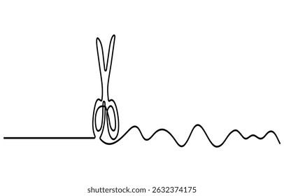 Scissors Cutting a Ribbon, Continuous one line drawing of cutting ribbon for grand opening, ribbon cutting ceremony for opening event or company concept, single line art, Opening Icon.