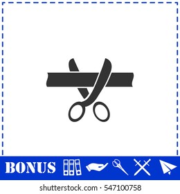Scissors cutting ribbon icon flat. Simple vector symbol and bonus icon