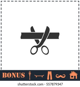 Scissors cutting ribbon icon flat. Simple vector symbol and bonus icon