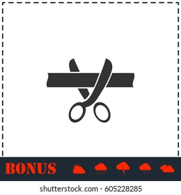 Scissors cutting ribbon icon flat. Simple vector symbol and bonus icon