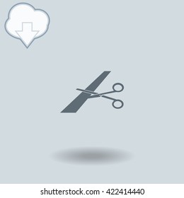 Scissors cutting ribbon icon with shadow. Cloud of download with arrow.