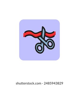 Schere, die das Symbol der Farbbandlinie schneidet. Einweihung, große Eröffnung, Anfänge. Startkonzept. Vektorillustration kann für Themen wie Business, Feiern, Präsentation verwendet werden