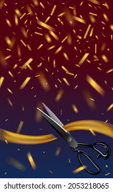 Scissors cutting the ribbon on the glitter background