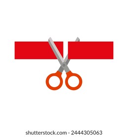 Scissors cutting ribbon. Shears cut a red tape. Colored vector illustration.