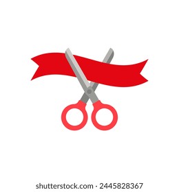 Scissors cutting ribbon. Shears cut a long red tape. Colored vector illustration.