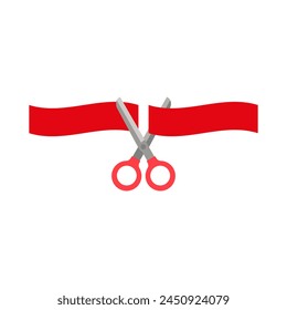 Scissors cutting ribbon. Shears cut a long red tape. Colored vector illustration.