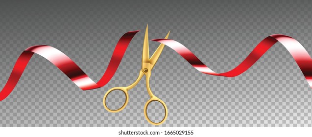 Scissors Cutting Ribbon Shop Grand Opening Vector. Ceremonial Metal Golden Scissors Cut Red Silk Tape Decoration. Festive Ceremony Equipment Concept Template Realistic 3d Illustration