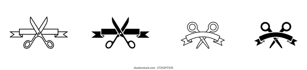 Tijeras cortando la cinta simple conjunto de iconos de Vector negro. Gran inauguración, conjunto de símbolos de inauguración. Iconos de corte de tijera y cinta para fines de edición y diseño. 