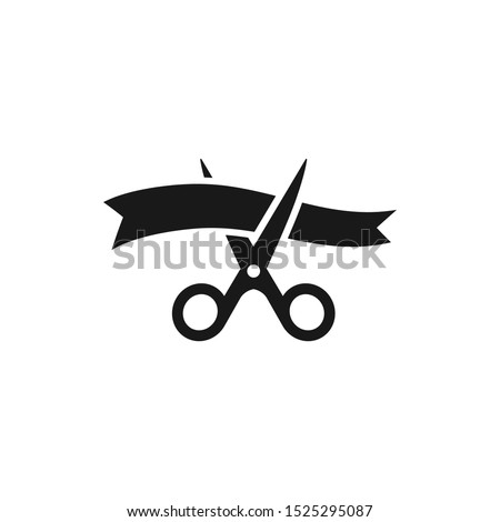 Scissors cutting ribbon simple black vector icon. Grand opening, inauguration symbol.