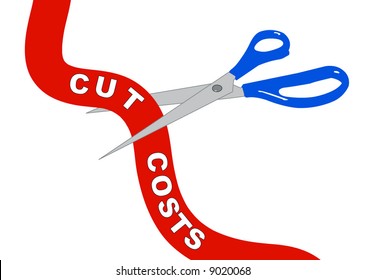 tijeras cortando cinta que dice - recortar costos - vector