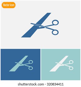 Scissors cutting ribbon vector icon.