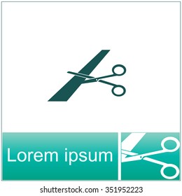 Scissors cutting ribbon vector icon.