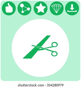 Scissors cutting ribbon vector icon.