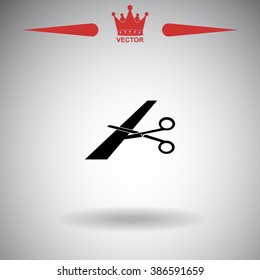 Scissors cutting ribbon vector icon.