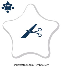 Scissors cutting ribbon vector icon.