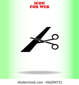 Scissors cutting ribbon web icon. Black illustration on white background