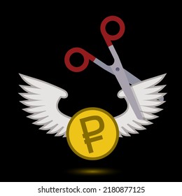 scissors cutting ruble or rouble coin wings, vector illustration 