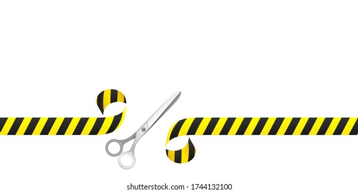 Scissors are cutting safety tape they are isolated on a white background. Vector illustration with a copy space, EPS 10.