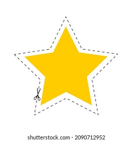 Scissors cutting star shape with dotted outline line. Cut here pictogram for paper discount coupons, vouchers, promo codes. Vector flat illustration.