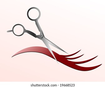 Scissors are cutting a strand of flowing hair and the background is pink.