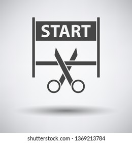 Scissors Cutting Tape Between Start Gate Icon on gray background, round shadow. Vector illustration.