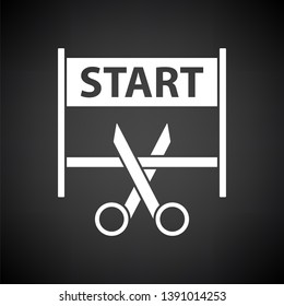 Scissors Cutting Tape Between Start Gate Icon. White on Black Background. Vector Illustration.