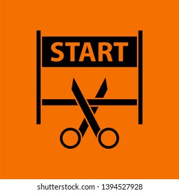 Scissors Cutting Tape Between Start Gate Icon. Black on Orange Background. Vector Illustration.