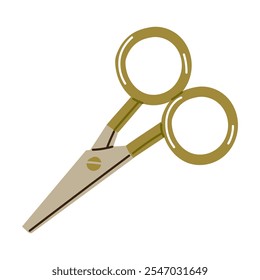 Scissors for cutting threads. Hand-drawn flat embroidery patterns with short blades allow you to trim the threads neatly. Illustration for herbarium, scrapbooking, insulated iron with green handles