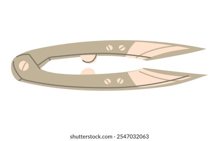 Schere zum Schneiden von Fäden. Handgezeichnete flache Stickmuster mit kurzen Klingen ermöglichen es Ihnen, die Fäden mit einem scharfen Schneider sorgfältig zu schneiden. Illustration für Herbarium, Scrapbooking, isoliertes Eisen